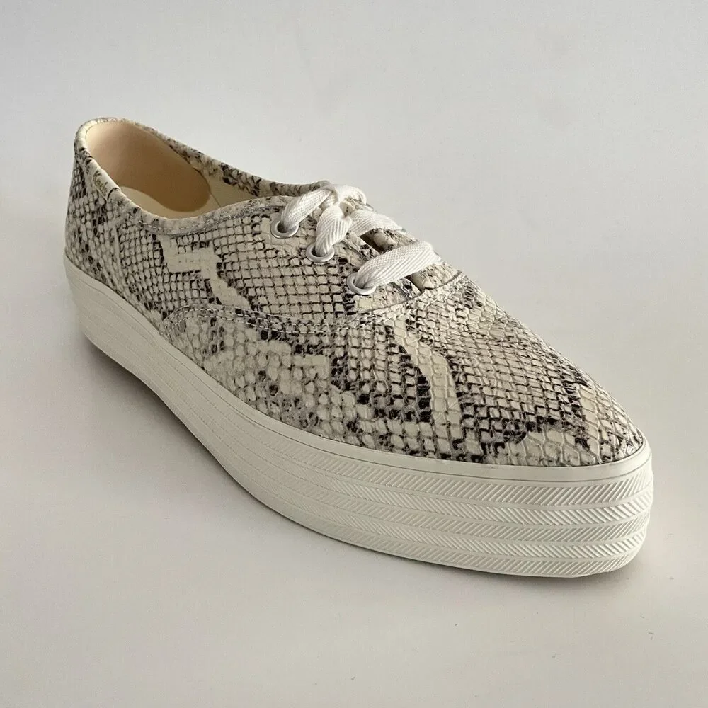 Keds Leather Platform Sneakers Snake Print Point-toe Light Beige 8